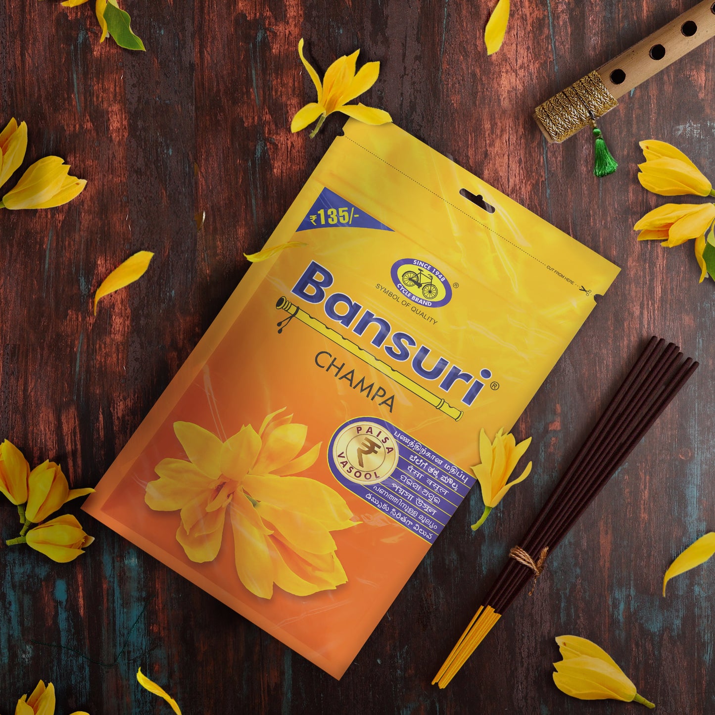 Bansuri Agarbatti Combo Pack of 3 - Chandan, Rose, Champa Natural Fragrance (250gm per pack)