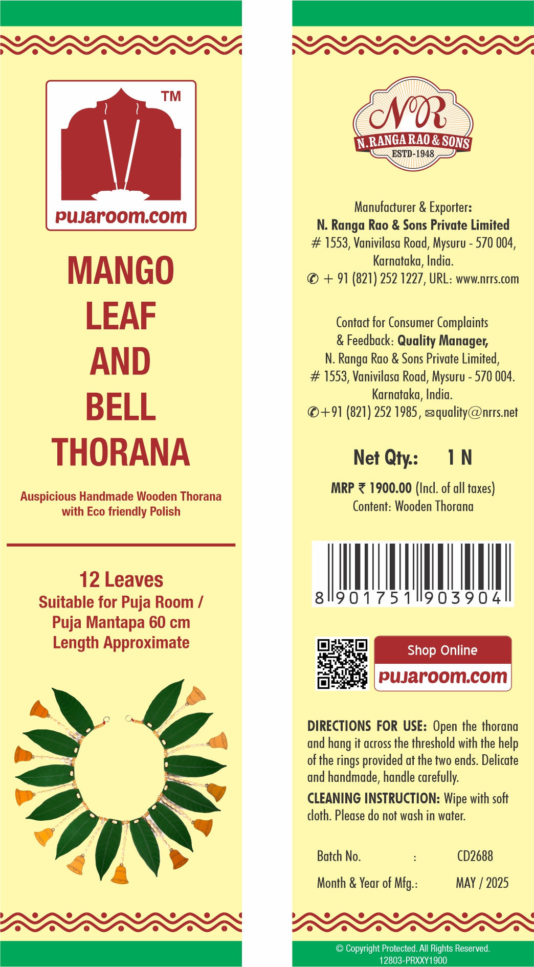 Mango Leaf Thorana with Bell - 12 Leaves