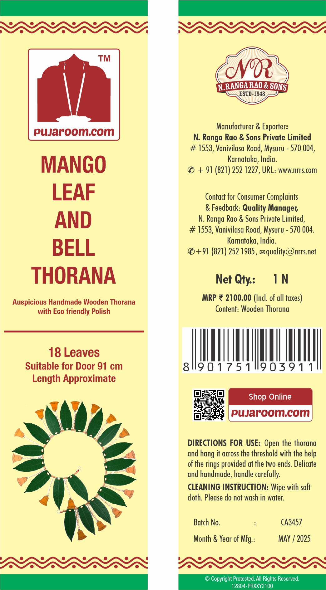 Mango Leaf Thorana with Bell - 18 Leaves
